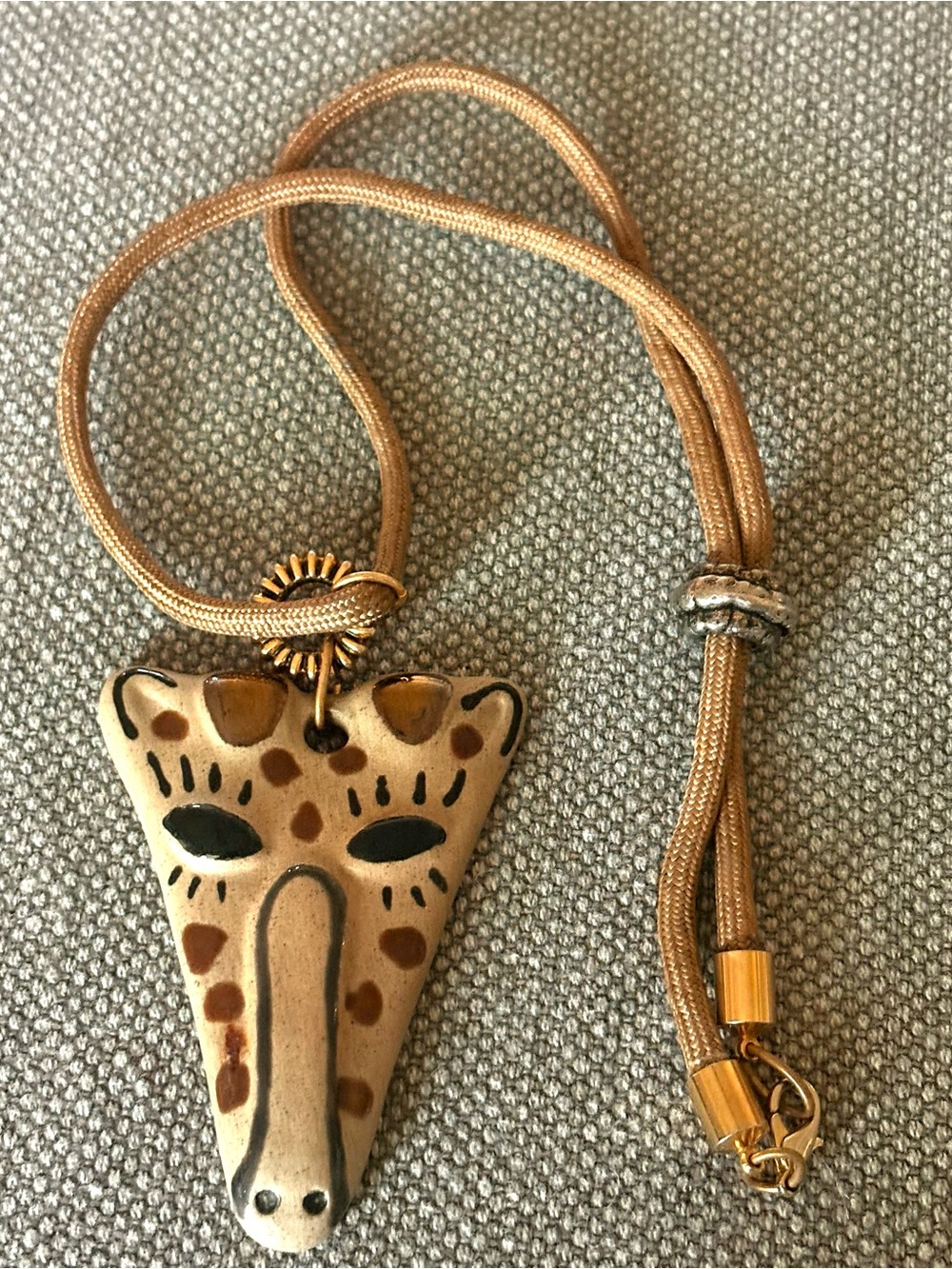 Signed Vintage Calderon Studio Ceramic Jaguar/Cat Mask Pendant Necklace